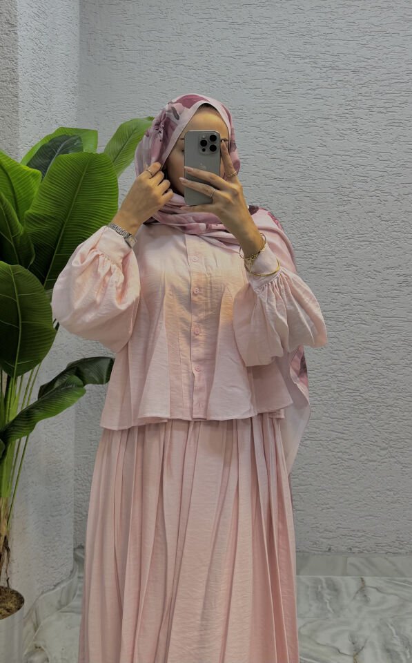Volan Gömlek Detaylı Takım | Pembe