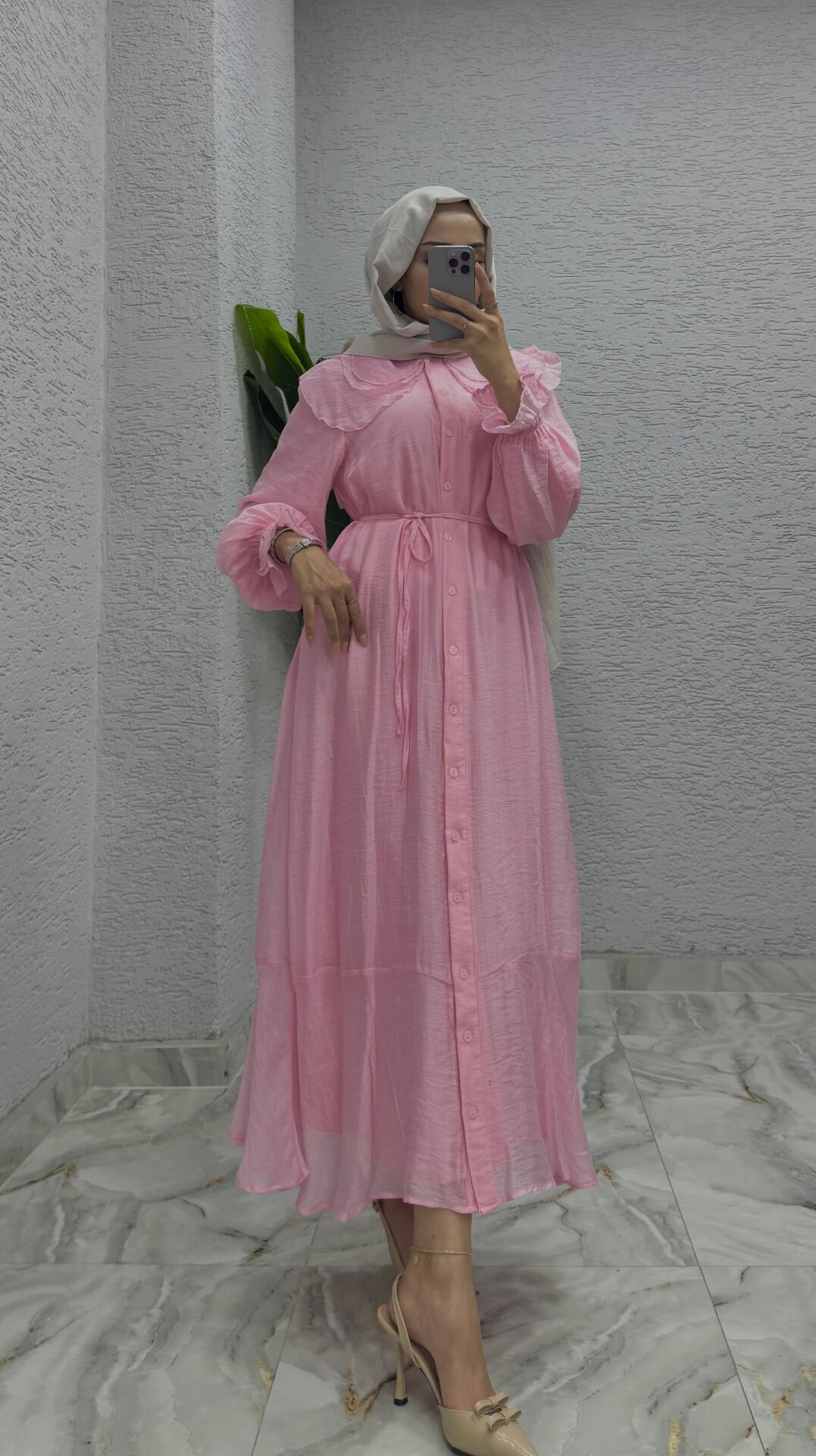Bebe Yaka Boydan Düğmeli Elbise | Pembe