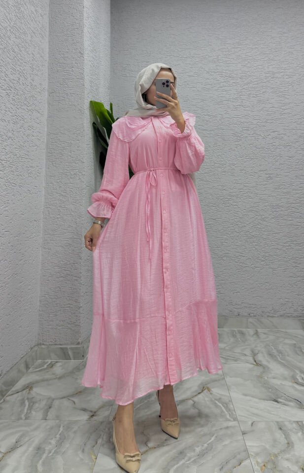 Bebe Yaka Boydan Düğmeli Elbise | Pembe