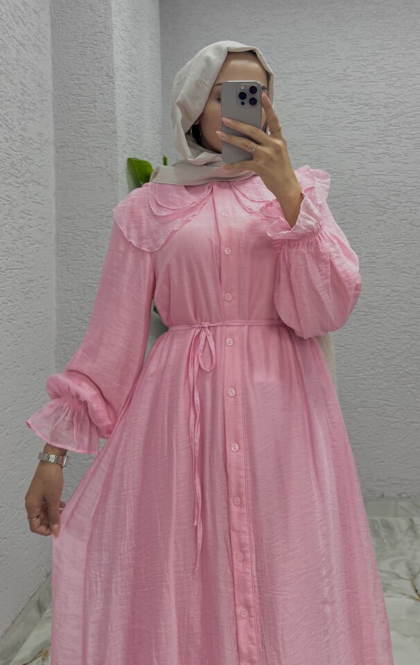 Bebe Yaka Boydan Düğmeli Elbise | Pembe