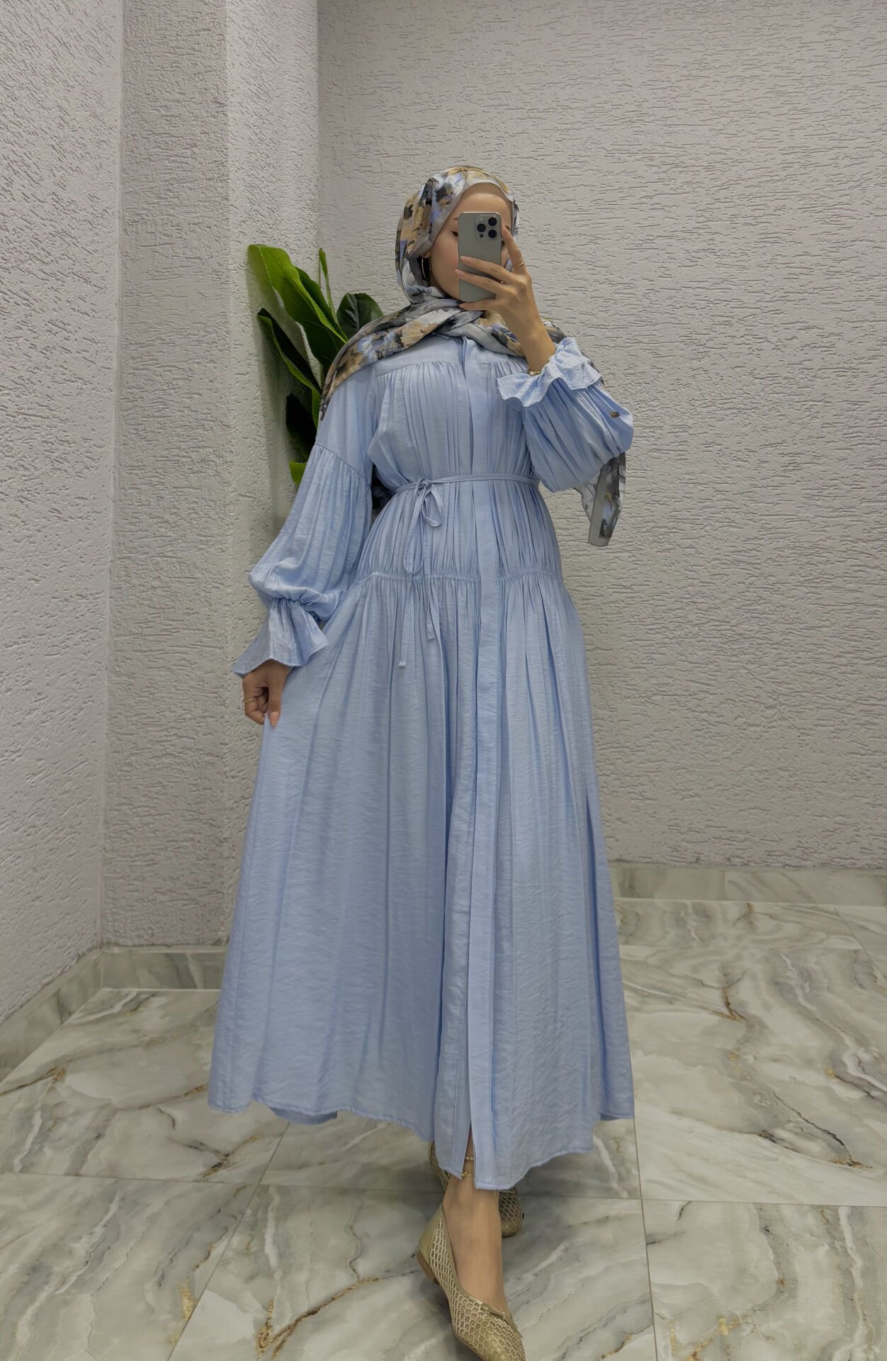 Belden Bağlamalı Pileli Elbise | Mavi